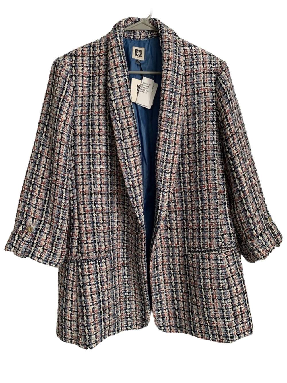 ANNE KLEIN Women’s 3/4 Cuffed Sleeve Lined Open Front Long Tweed Blazer Size: XL